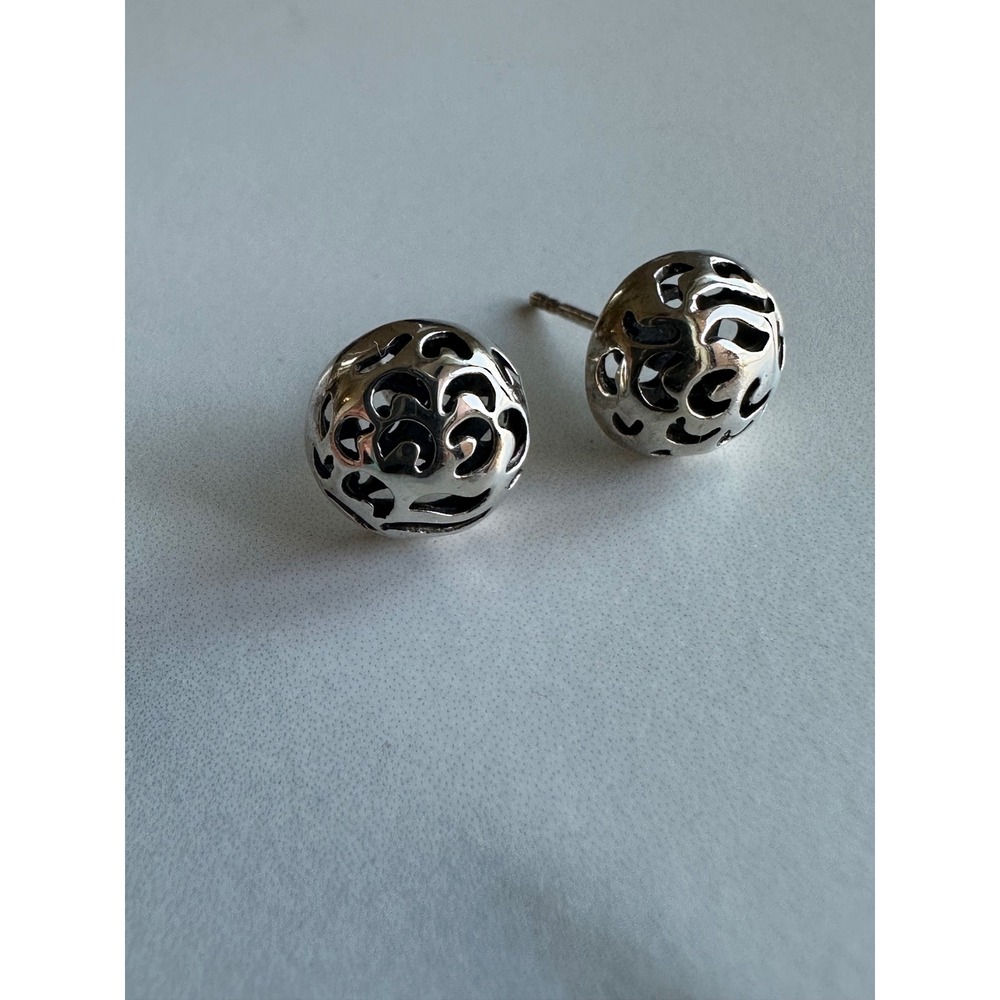 Sterling Silver 925 Filigree Dome Stud Earrings Openwork Scroll Design 2.05g